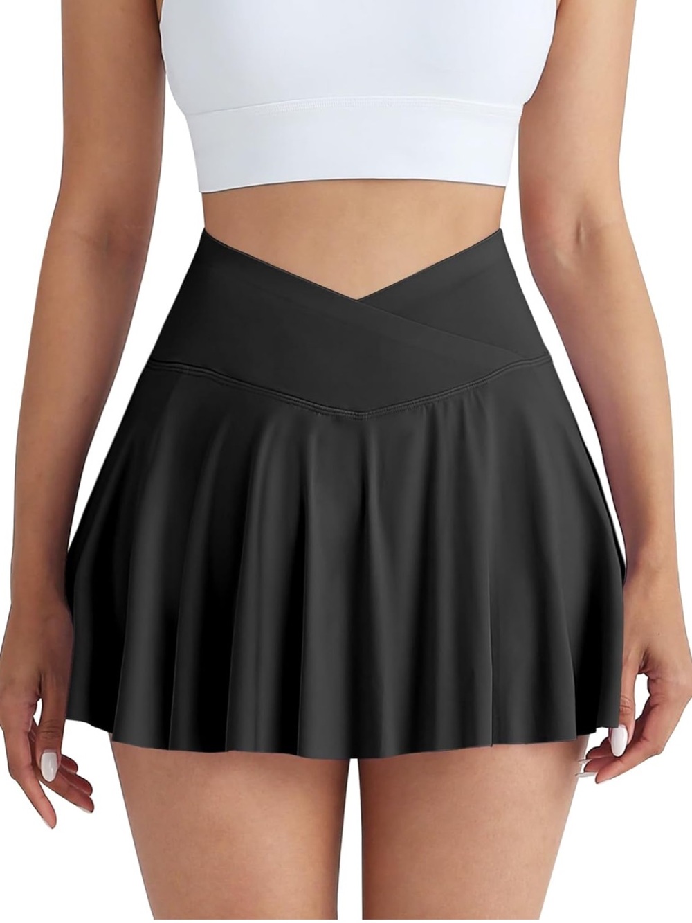 Black Circle Skater Skirt with Crossover Waistband and Shorts with Pockets
